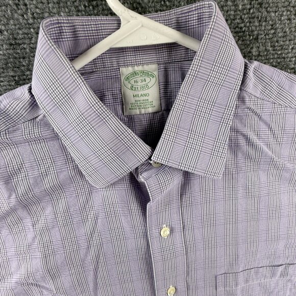 Brooks Brothers Milano Cotton Check Non-Iron 16 34 Purple Shirt Long Sleeve Men - Picture 7 of 12
